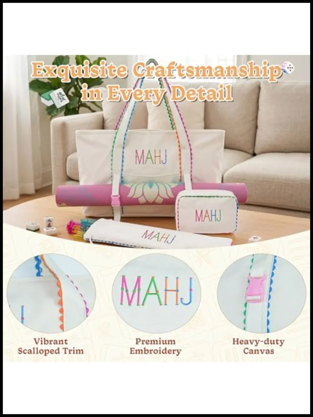 Mahjong Bag Set 3-Piece Canvas Tote w/ Mat Holder, Tile Pouch & Rack Sleeve